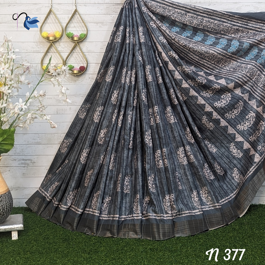 Elegant Grey Matka Tussar Silk Saree with Intricate Floral Motifs